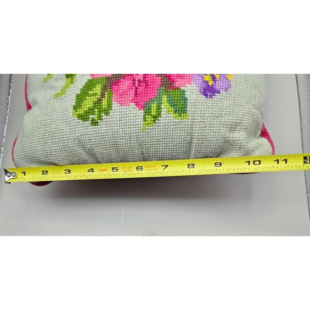 Vintage Floral Needlepoint Throw Pillow With Velvet Backing 11